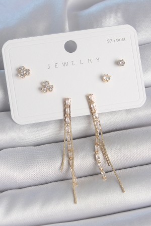 Pirinç Gold Renk Su Yolu Zirkon Taşlı Sallantı Model Çiçek Detay 925 Ayar Gümüş Çivi Kadın Küpe Seti - TJ-BKP10490