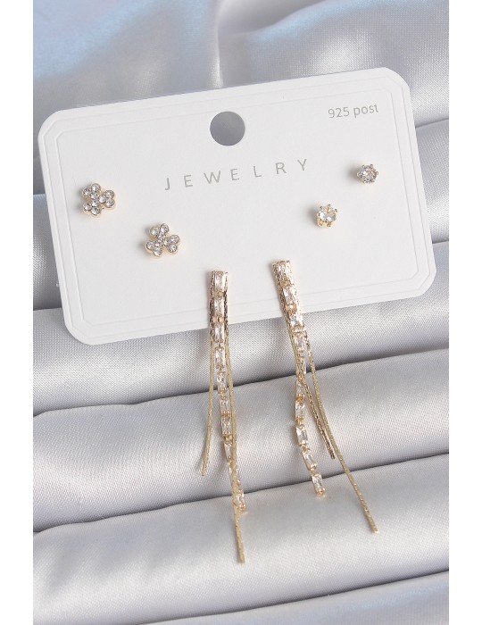 Pirinç Gold Renk Su Yolu Zirkon Taşlı Sallantı Model Çiçek Detay 925 Ayar Gümüş Çivi Kadın Küpe Seti - TJ-BKP10490