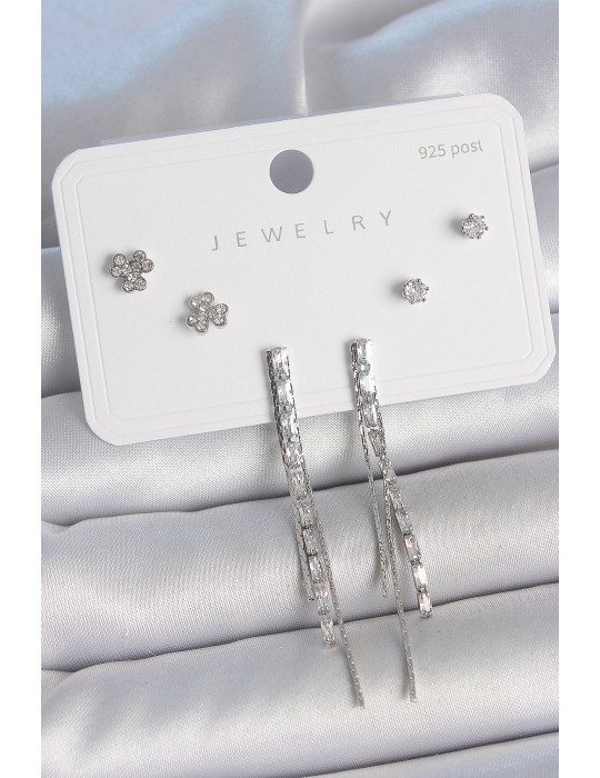 Pirinç Gümüş Renk Su Yolu Zirkon Taşlı Sallantı Model Çiçek Detay 925 Ayar Gümüş Çivi Kadın Küpe Seti - TJ-BKP10491