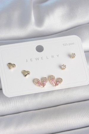 Pirinç Gold Renk Pembe Zirkon Taşlı Kalp Model 925 Ayar Gümüş Çivi Kadın Küpe Seti - TJ-BKP10492
