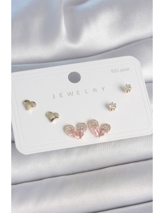 Pirinç Gold Renk Pembe Zirkon Taşlı Kalp Model 925 Ayar Gümüş Çivi Kadın Küpe Seti - TJ-BKP10492