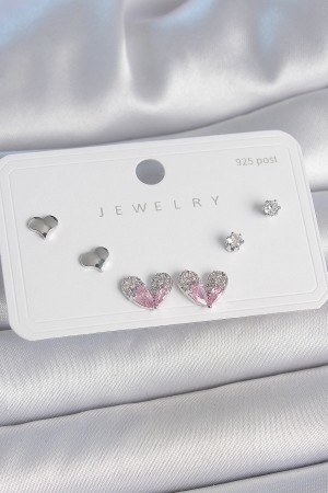 Pirinç Gümüş Renk Pembe Zirkon Taşlı Kalp Model 925 Ayar Gümüş Çivi Kadın Küpe Seti - TJ-BKP10493 Pirinç Gümüş Renk Pembe Zirkon Taşlı Kalp Model 925 Ayar Gümüş Çivi Kadın Küpe Seti - TJ-BKP10493