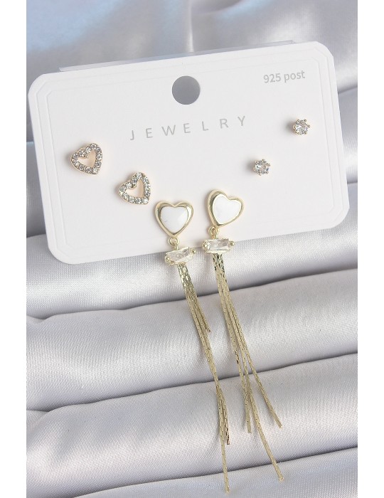Pirinç Gold Renk Beyaz Mineli Sallantı Mineli Kalp Model Zirkon Taş Detaylı 925 Ayar Gümüş Çivi Kadın Küpe Seti - TJ-BKP10494
