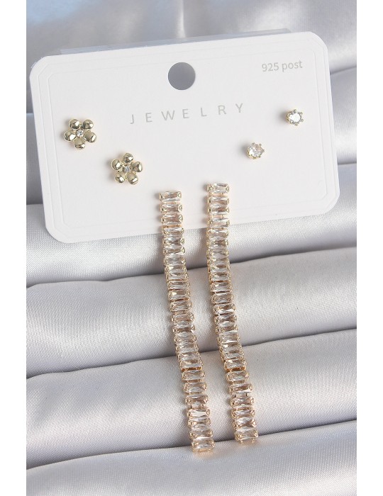 Pirinç Gold Renk Su Yolu Zirkon Taşlı Sallantı Model Çiçek Detay 925 Ayar Gümüş Çivi Kadın Küpe Seti - TJ-BKP10496