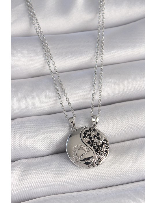 316L Çelik Gümüş Renk Zincir Zirkon Taşlı Ying Yang Model Gün Batımı İşlemeli Arakdaşlık Kadın Kolye - TJ-BKO10028