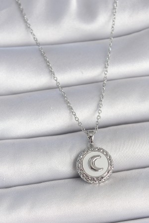 316L Çelik Gümüş Renk Zincir Beyaz Mineli Hilal İşlemeli Madalyon Model Kadın Kolye - TJ-BKO10034