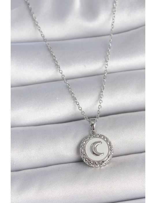 316L Çelik Gümüş Renk Zincir Beyaz Mineli Hilal İşlemeli Madalyon Model Kadın Kolye - TJ-BKO10034
