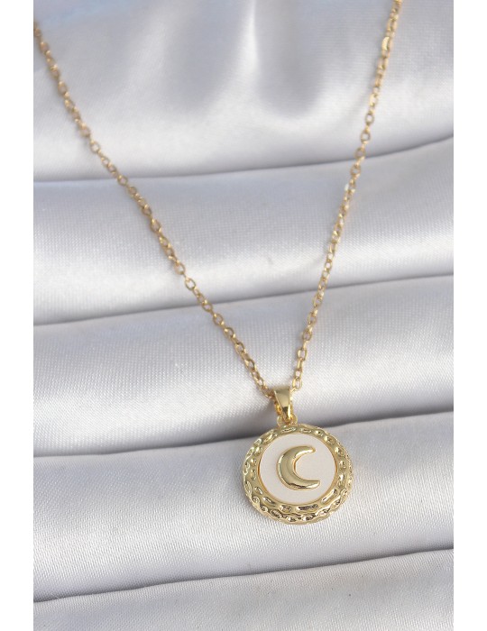 316L Çelik Gold Renk Zincir Beyaz Mineli Hilal İşlemeli Madalyon Model Kadın Kolye - TJ-BKO10035