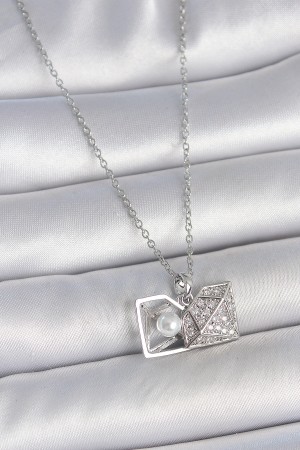 316L Çelik Gümüş Renk Zincir Zirkon Taşlı İncili Açılır Elmas Model Kadın Kolye - TJ-BKO10048