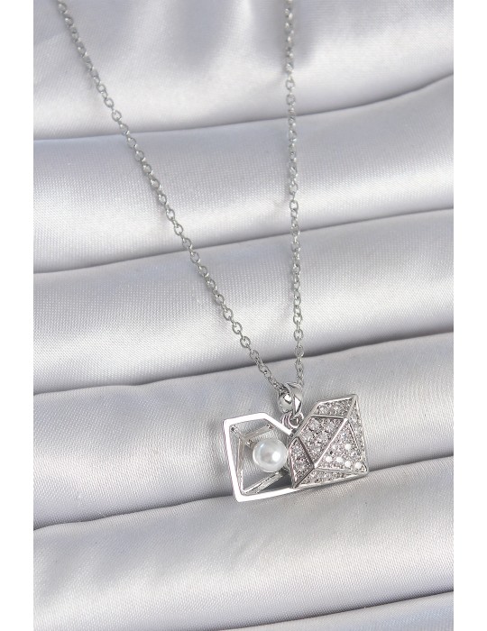 316L Çelik Gümüş Renk Zincir Zirkon Taşlı İncili Açılır Elmas Model Kadın Kolye - TJ-BKO10048