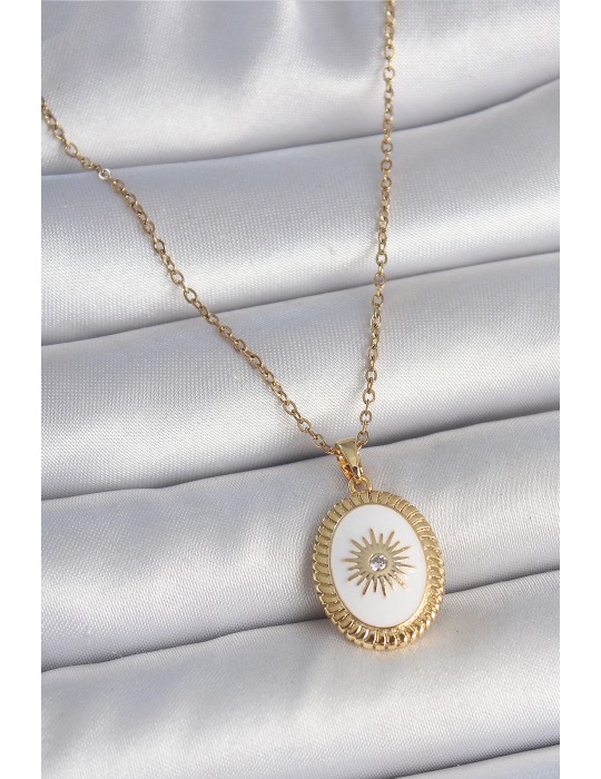 316L Çelik Gold Renk Zincir Beyaz Mineli Güneş İşlemeli Zirkon Taş Detaylı Madalyon Model Kadın Kolye - TJ-BKO10055