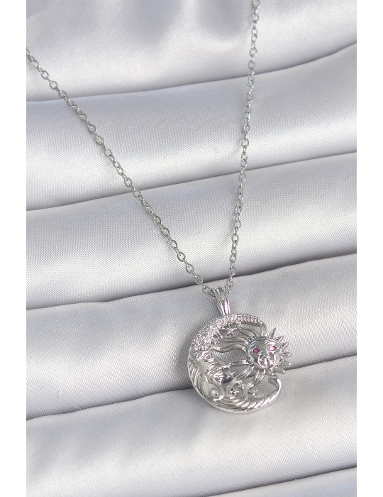 316L Çelik Gümüş Renk Zincir Ay Güneş Model Zirkon Taş Detay Kadın Kolye - TJ-BKO10056