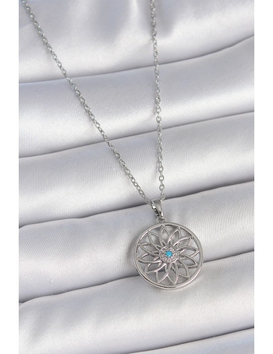 316L Çelik Gümüş Renk Zincir Mavi Taşlı Lotus Model Kadın Kolye - TJ-BKO10060