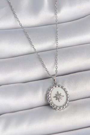 316L Çelik Gümüş Renk Zincir Beyaz Mineli Kutup Yıldız İşlemeli Madalyon Model Kadın Kolye - TJ-BKO10062