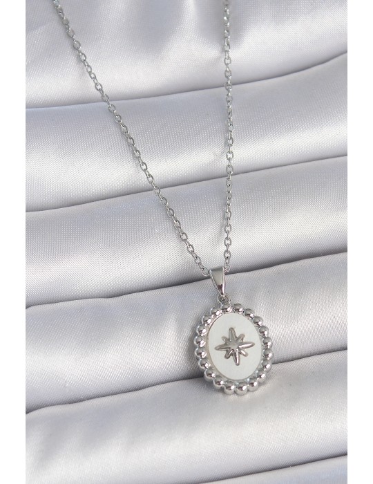 316L Çelik Gümüş Renk Zincir Beyaz Mineli Kutup Yıldız İşlemeli Madalyon Model Kadın Kolye - TJ-BKO10062