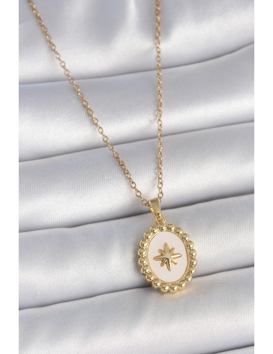 316L Çelik Gold Renk Zincir Beyaz Mineli Kutup Yıldız İşlemeli Madalyon Model Kadın Kolye - TJ-BKO10063