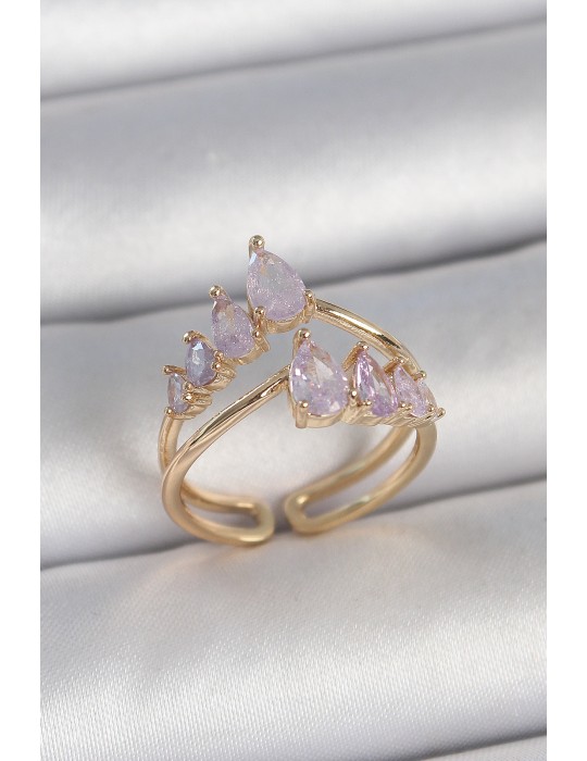 Pirinç Gold Renk Mor Damla Zirkon Taşlı Taç Model Kadın Yüzük - TJ-BYK3715