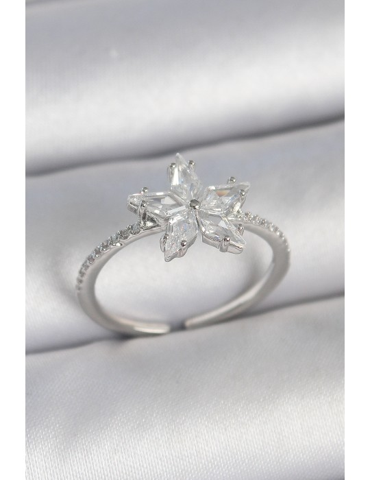 Pirinç Gümüş Renk Zirkon Taşlı Yıldız Model Ayarlanabilir Kadın Yüzük - TJ-BYK3716