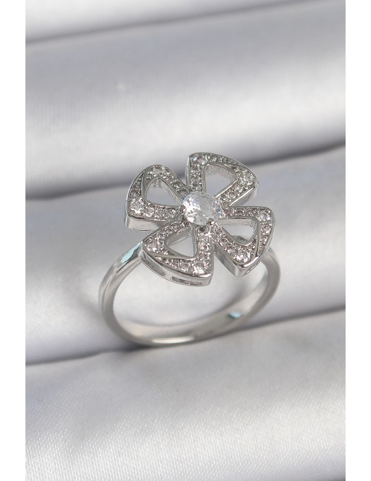 Pirinç Gümüş Renk Zirkon Taşlı Yonca Model Ayarlanabilir Kadın Yüzük - TJ-BYK3718