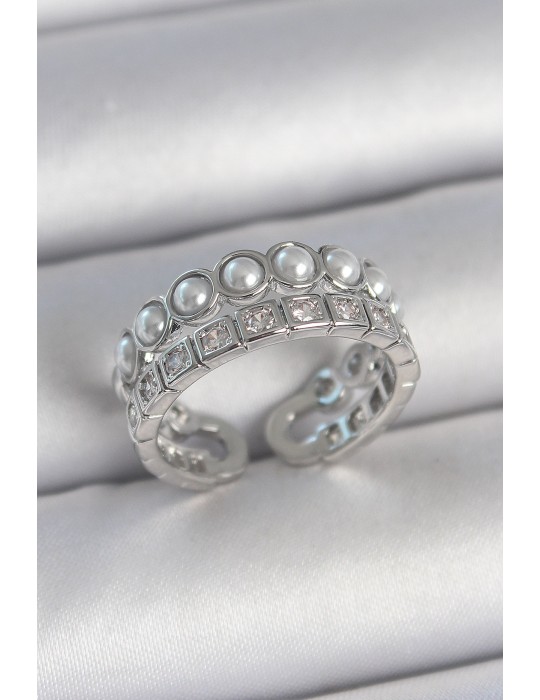 Pirinç Gümüş Renk 2'Li Sıra Zirkon Taşlı Ve İncili Ayarlanabilir Kadın Yüzük - TJ-BYK3720