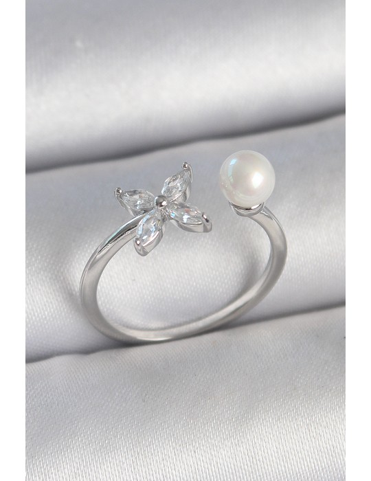 Pirinç Gümüş Renk Zirkon Taşlı Çiçek Model İnci Detay Ayarlanabilir Kadın Yüzük - TJ-BYK3726