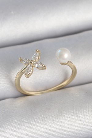 Pirinç Gold Renk Zirkon Taşlı Çiçek Model İnci Detay Ayarlanabilir Kadın Yüzük - TJ-BYK3727