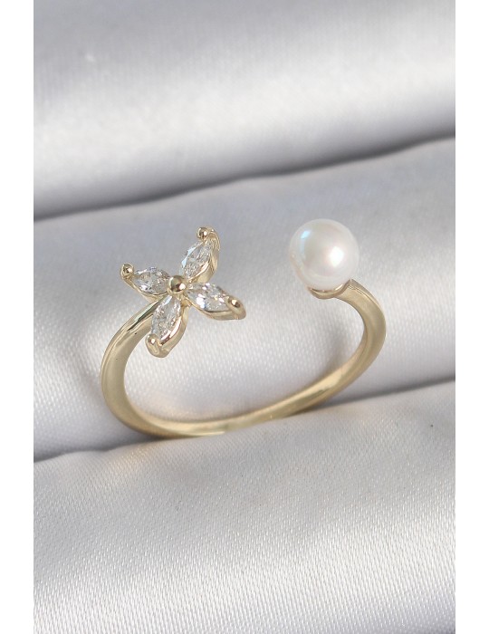 Pirinç Gold Renk Zirkon Taşlı Çiçek Model İnci Detay Ayarlanabilir Kadın Yüzük - TJ-BYK3727