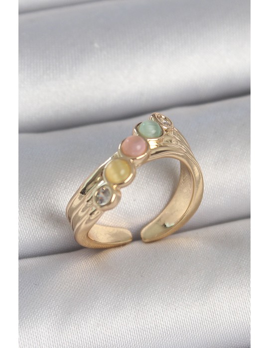 Pirinç Gold Renk Zirkon Taş Detaylı Karışık Mineli Ayarlanabilir Kadın Yüzük - TJ-BYK3729