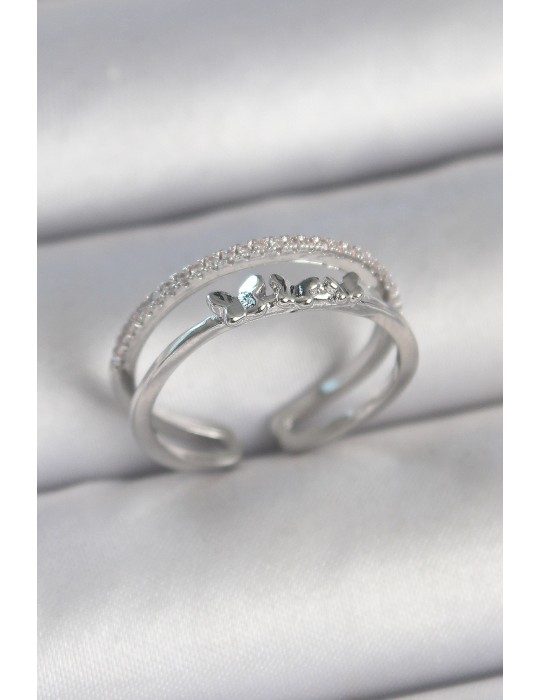 Pirinç Gümüş Renk 2'Li Zirkon Taş Detaylı Figür Ayarlanabilir Model Kadın Yüzük - TJ-BYK3732