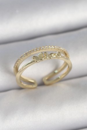 Pirinç Gold Renk 2'Li Sıra Zirkon Taş Detaylı Figürlü Ayarlanabilir Model Kadın Yüzük - TJ-BYK3733
