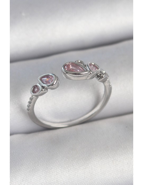 Pirinç Gümüş Renk Pembe Damla Zirkon Taşlı Ayarlanabilir Model Kadın Yüzük - TJ-BYK3734