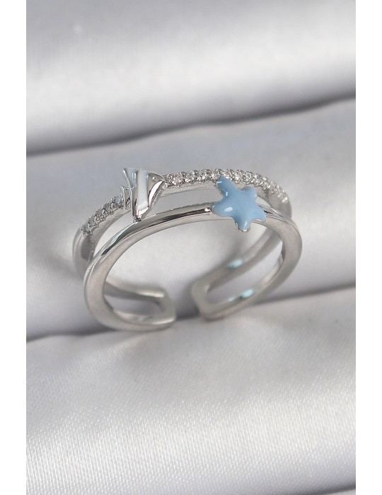 Pirinç Gümüş Renk 2'Li Zirkon Taşlı Mavi Yıldız Figür Ayarlanabilir Kadın Yüzük - TJ-BYK3738