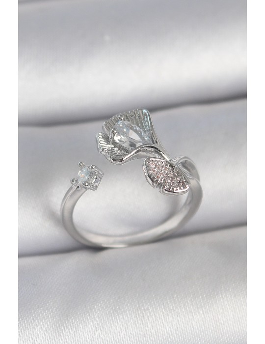 Pirinç Gümüş Renk Zirkon Taşlı Deniz Kabuğu Model Ayarlanabilir Kadın Yüzük - TJ-BYK3740