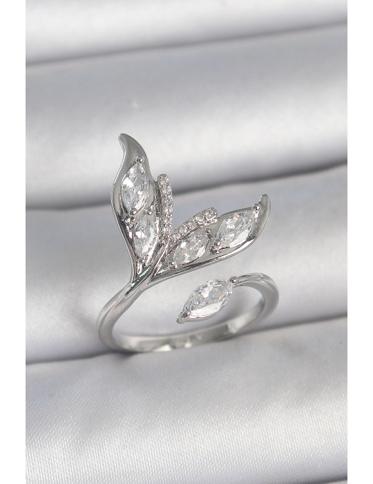 Pirinç Gümüş Renk Zirkon Taşlı Balık Kuyruğu Model Ayarlanabilir Kadın Yüzük - TJ-BYK3744