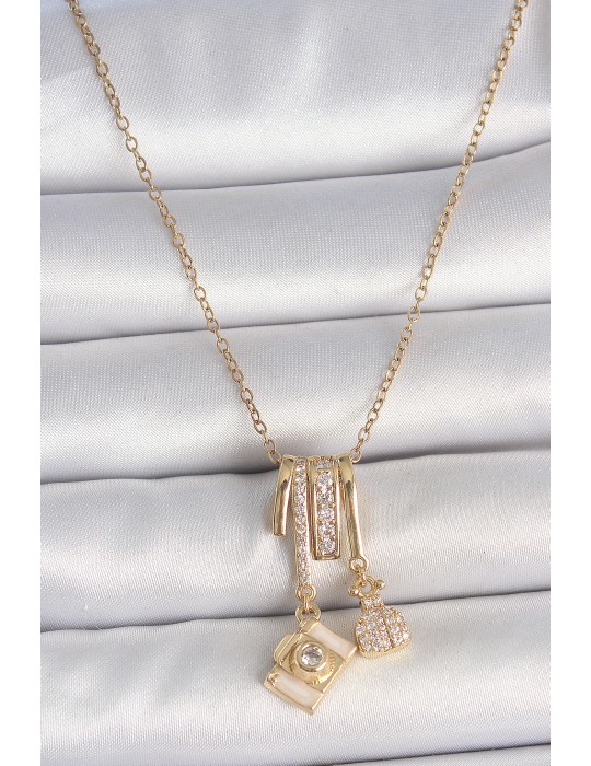 316L Çelik Gold Renk Zirkon Taşlı Sallantı Fotoğraf Makinası Figür Charm Kadın Kolye - TJ-BKO10097