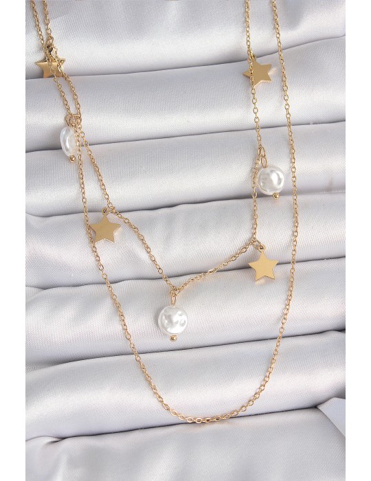 316L Çelik Gold Renk 2'Li Zincir Sallantı Yıldız İnci Model Kadın Kolye - TJ-BKO10110