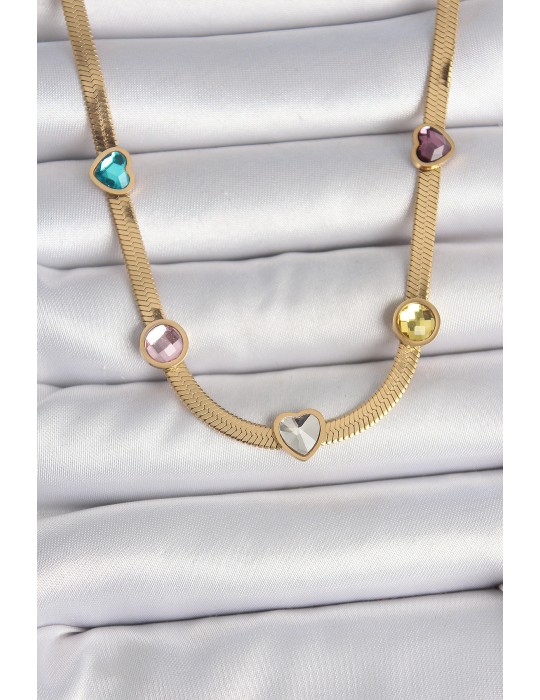 316L Çelik Gold Renk İtalyan Zincir Renkli Zirkon Taşlı Kalp Figür Kadın Kolye - TJ-BKO10117