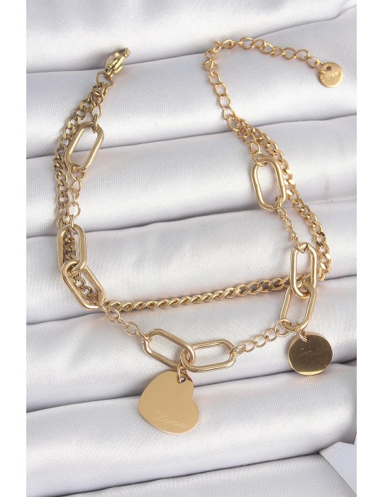316L Çelik Gold Renk 2'Li Zincir Model Sallantı Kalp Figür Kadın Bileklik - TJ-BB6953
