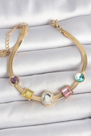 316L Çelik Gold Renk İtalyan Zincir Renkli Zirkon Taşlı Kadın Bileklik - TJ-BB6956