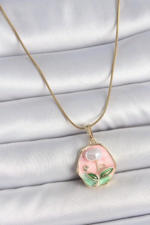 316L Çelik Gold Renk Zincir Pembe Çiçek İşlemeli İnci Detay Portre Model Kadın Kolye - TJ-BKO10125 316L Çelik Gold Renk Zincir Pembe Çiçek İşlemeli İnci Detay Portre Model Kadın Kolye - TJ-BKO10125