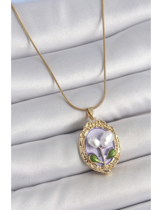 316L Çelik Gold Renk Mor İncili Çiçek İşlemeli Portre Model Kadın Kolye - TJ-BKO10146