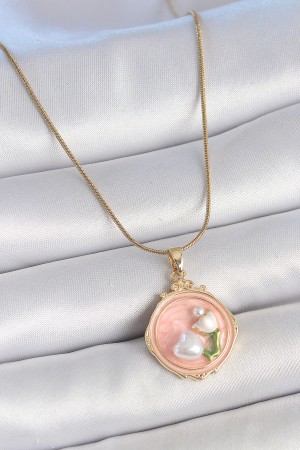 316L Çelik Gold Renk Zincir Pembe Mineli İncili Çiçek İşlemeli Portre Model Kadın Kolye - TJ-BKO10151 316L Çelik Gold Renk Zincir Pembe Mineli İncili Çiçek İşlemeli Portre Model Kadın Kolye - TJ-BKO10151
