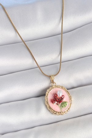 316L Çelik Gold Renk Zincir Pembe Mineli İncili Çiçek İşlemeli Portre Model Kadın Kolye - TJ-BKO10155 316L Çelik Gold Renk Zincir Pembe Mineli İncili Çiçek İşlemeli Portre Model Kadın Kolye - TJ-BKO10155