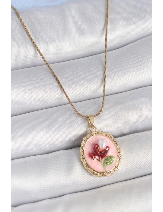 316L Çelik Gold Renk Zincir Pembe Mineli İncili Çiçek İşlemeli Portre Model Kadın Kolye - TJ-BKO10155