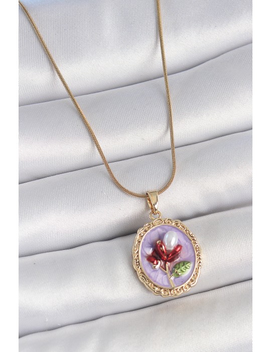 316L Çelik Gold Renk Zincir Mor Mineli İncili Çiçek İşlemeli Portre Model Kadın Kolye - TJ-BKO10156