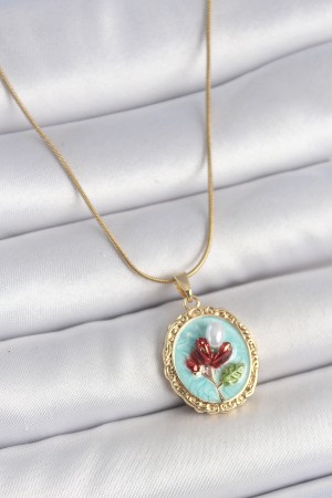 316L Çelik Gold Renk Zincir Turkuaz Mineli İncili Çiçek İşlemeli Portre Model Kadın Kolye - TJ-BKO10157 316L Çelik Gold Renk Zincir Turkuaz Mineli İncili Çiçek İşlemeli Portre Model Kadın Kolye - TJ-BKO10157