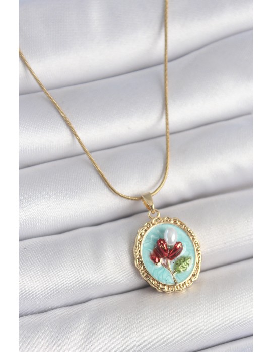 316L Çelik Gold Renk Zincir Turkuaz Mineli İncili Çiçek İşlemeli Portre Model Kadın Kolye - TJ-BKO10157