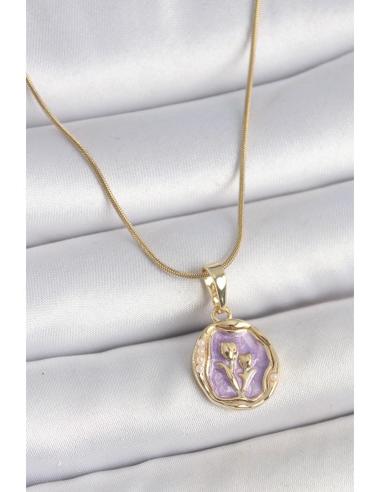 316L Çelik Gold Renk Zincir Mor Mineli Çiçek İşlemeli Portre Model Kadın Kolye - TJ-BKO10164