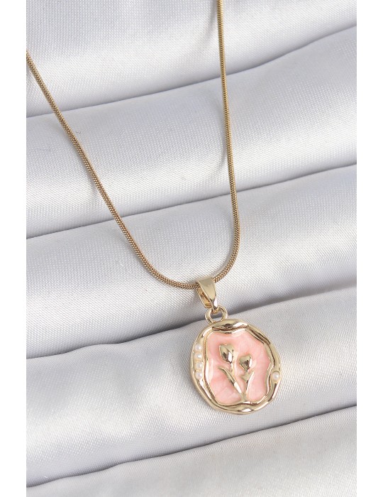 316L Çelik Gold Renk Zincir Pembe Mineli Çiçek İşlemeli Portre Model Kadın Kolye - TJ-BKO10165