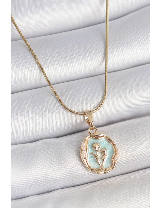 316L Çelik Gold Renk Zincir Turkuaz Mineli Çiçek İşlemeli Portre Model Kadın Kolye - TJ-BKO10166